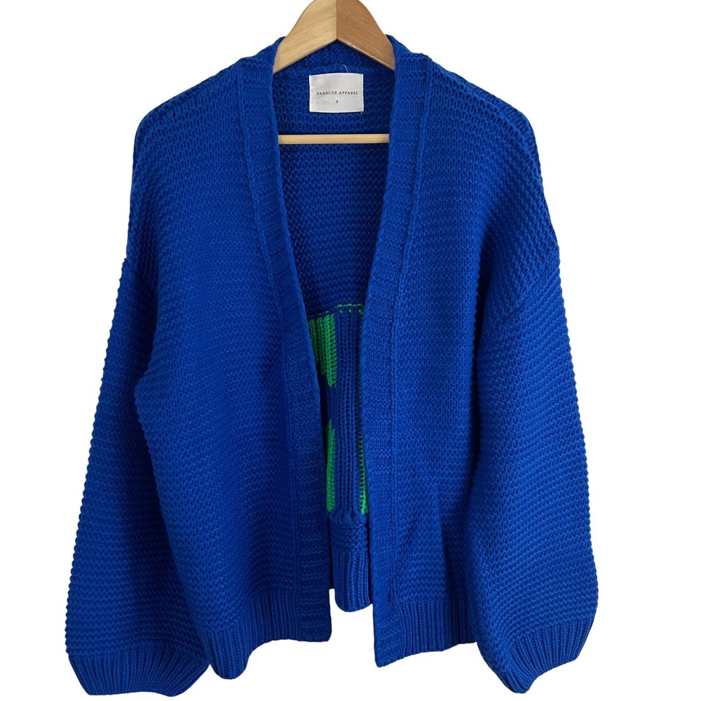 Panache Apparel SKI Cardigan Women S Blue Knit Chunky Open Front Graphic Sweater